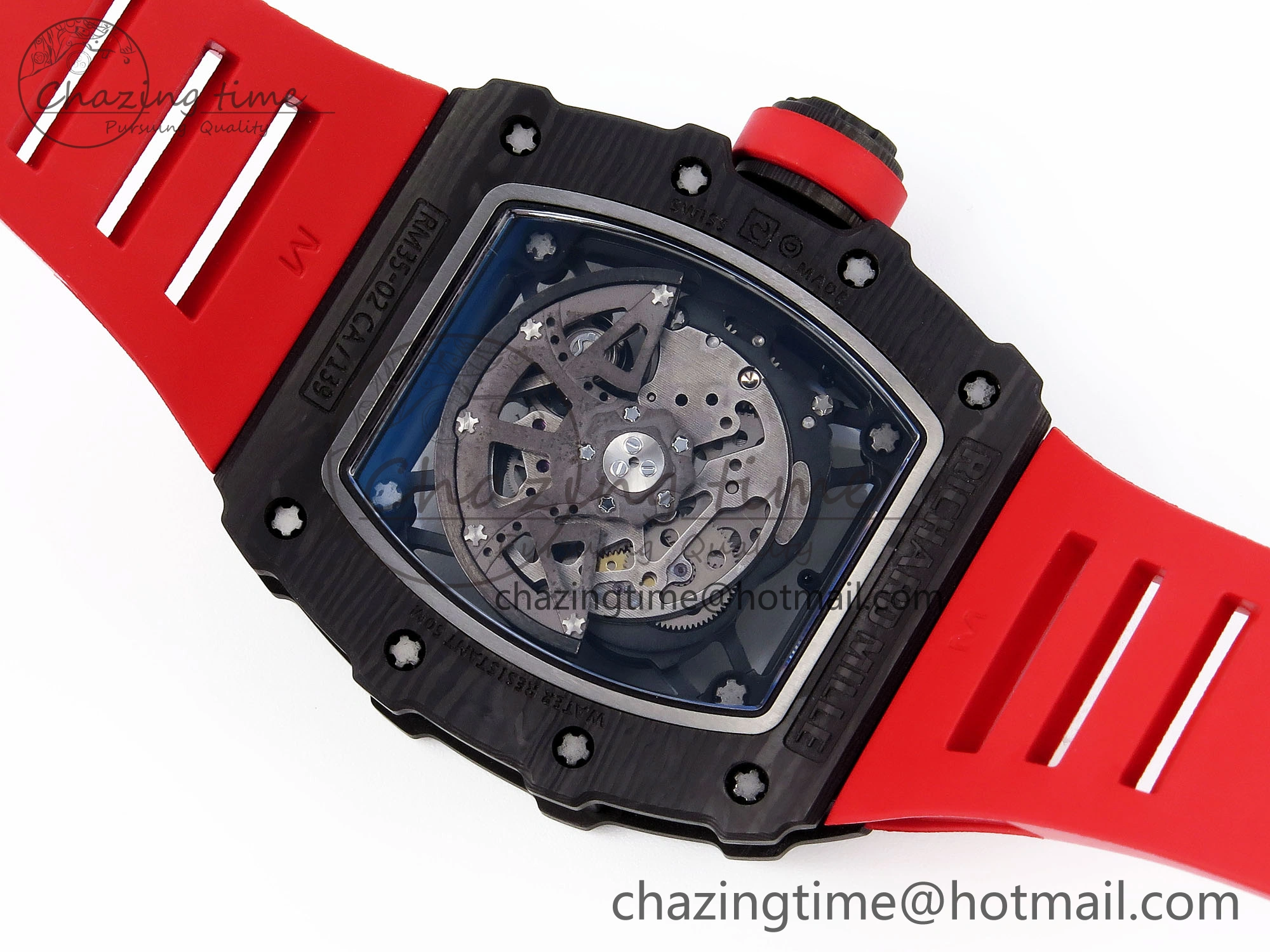 RM035 BLACK CARBON SONIC BEST EDITION SKELETON DIAL ON RED RUBBER STRAP CLONE RMUL2