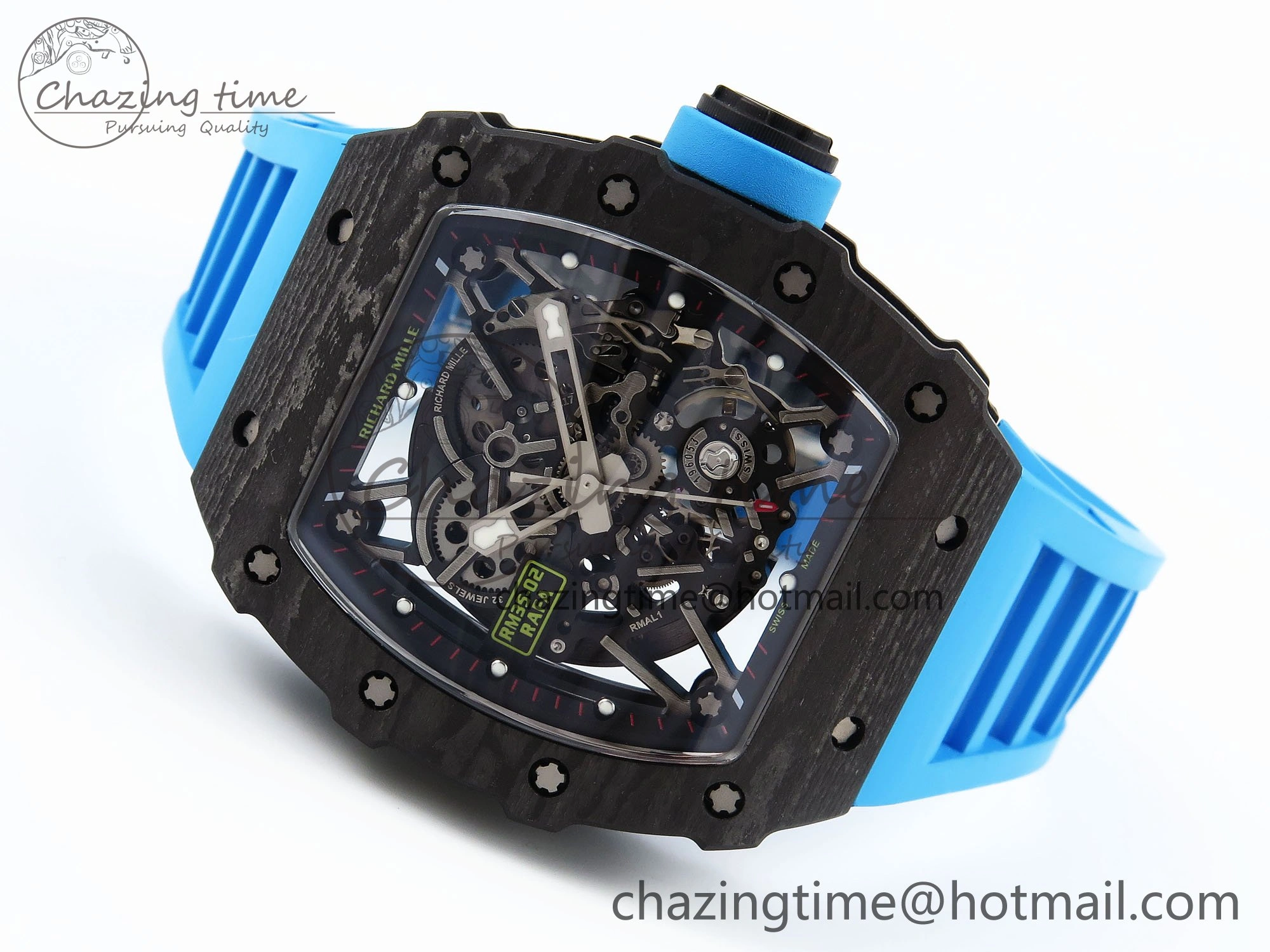 RM035 Black Carbon SONIC Best Edition Skeleton Dial on Blue Rubber Strap Clone RMUL2