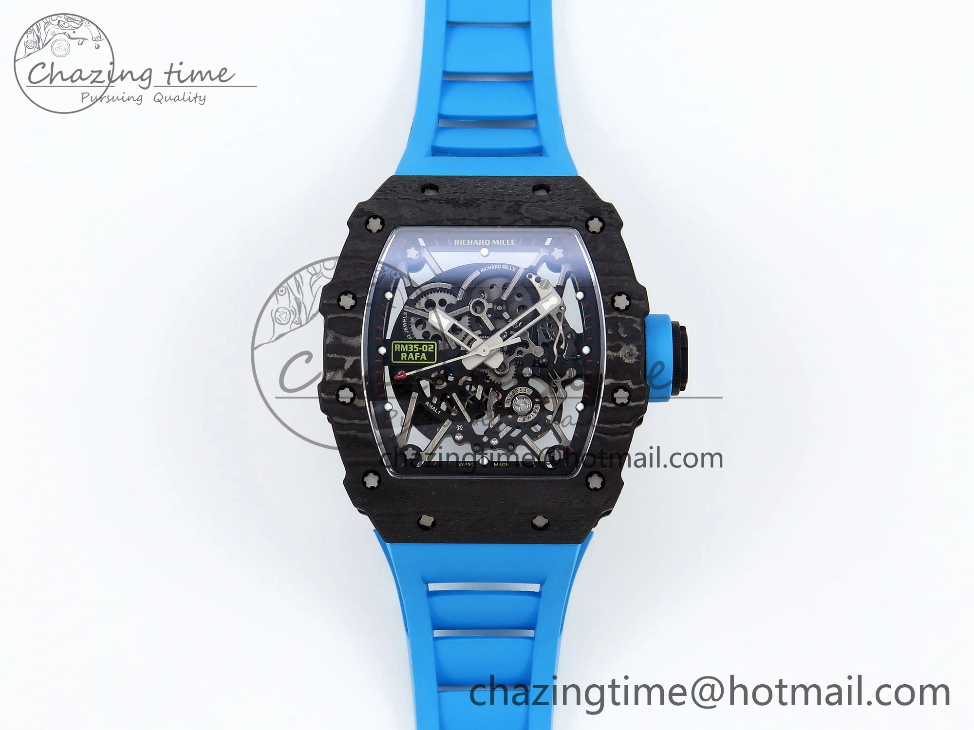 RM035 Black Carbon SONIC Best Edition Skeleton Dial on Blue Rubber Strap Clone RMUL2