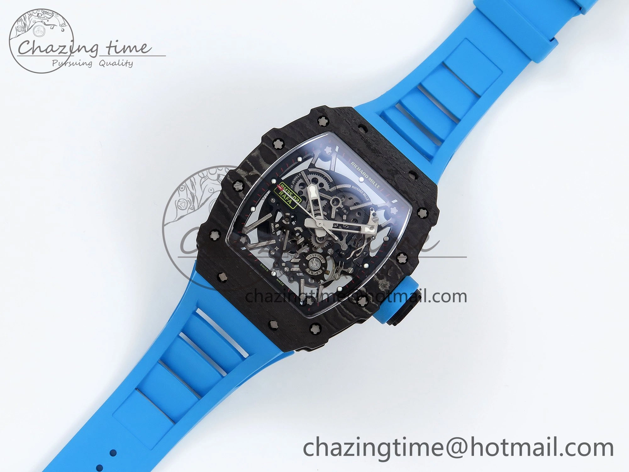 RM035 Black Carbon SONIC Best Edition Skeleton Dial on Blue Rubber Strap Clone RMUL2