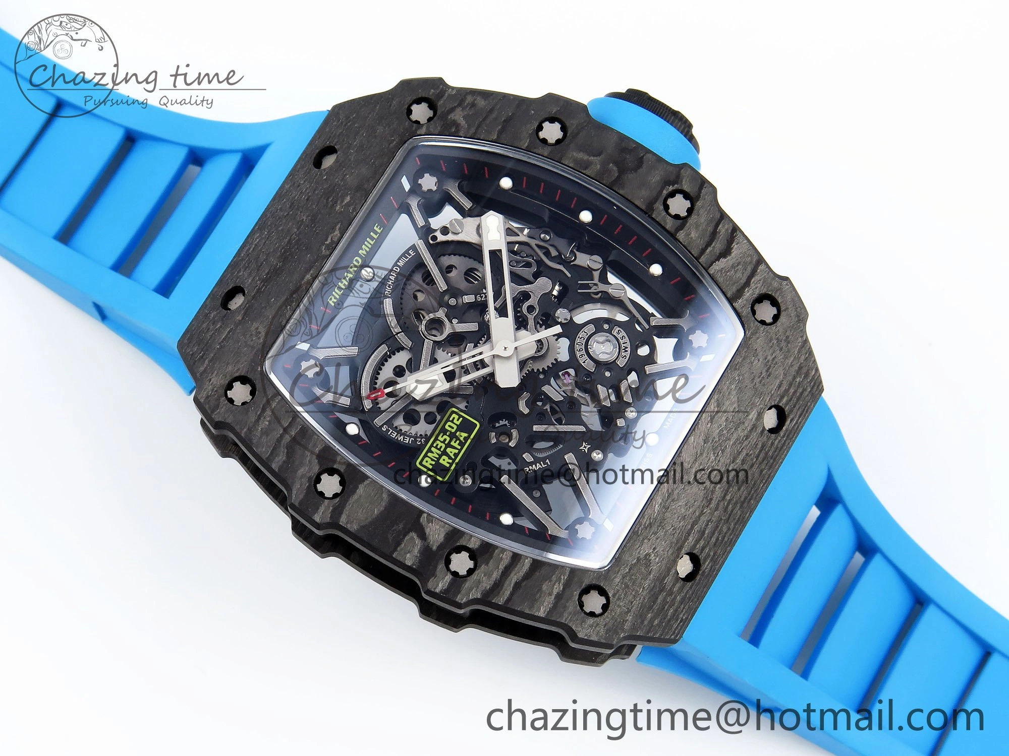 RM035 Black Carbon SONIC Best Edition Skeleton Dial on Blue Rubber Strap Clone RMUL2