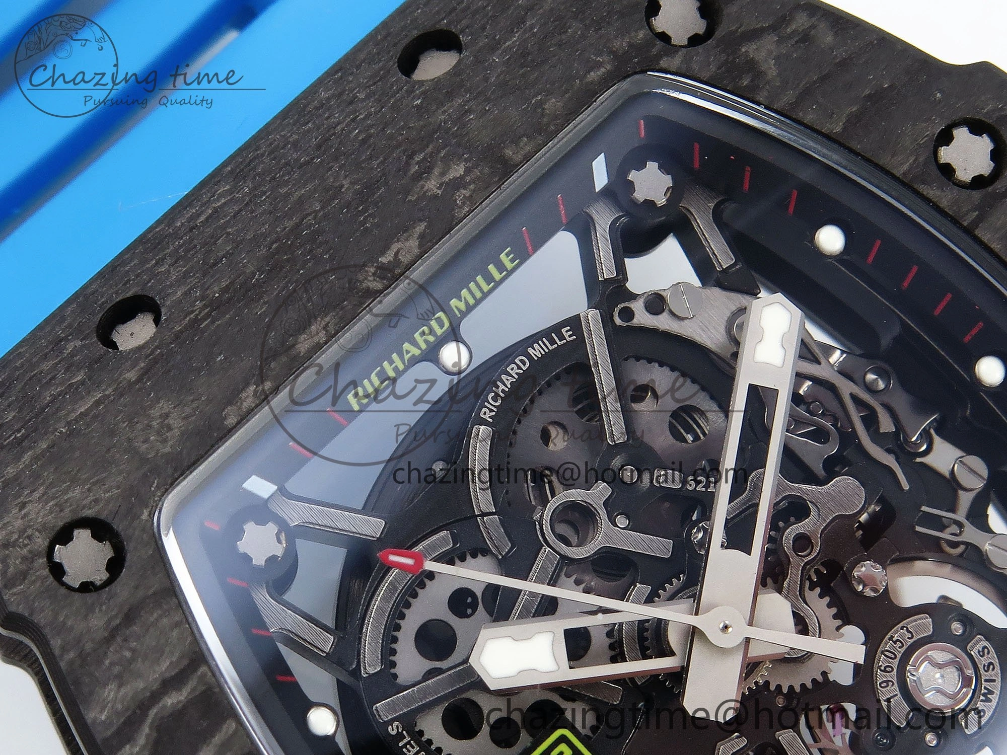 RM035 Black Carbon SONIC Best Edition Skeleton Dial on Blue Rubber Strap Clone RMUL2