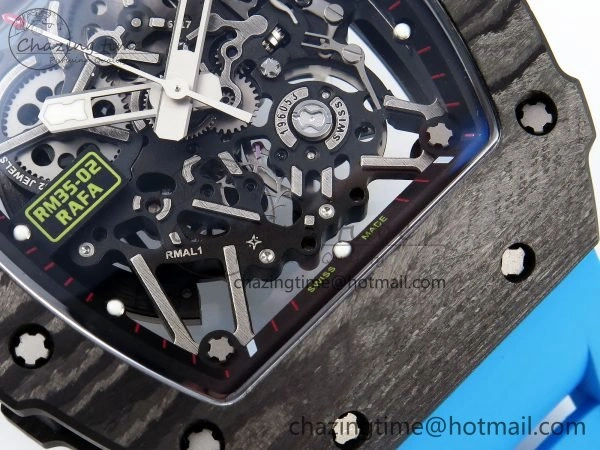 RM035 Black Carbon SONIC Best Edition Skeleton Dial on Blue Rubber Strap Clone RMUL2