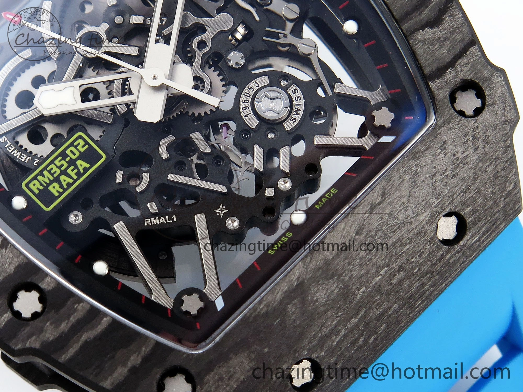 RM035 Black Carbon SONIC Best Edition Skeleton Dial on Blue Rubber Strap Clone RMUL2