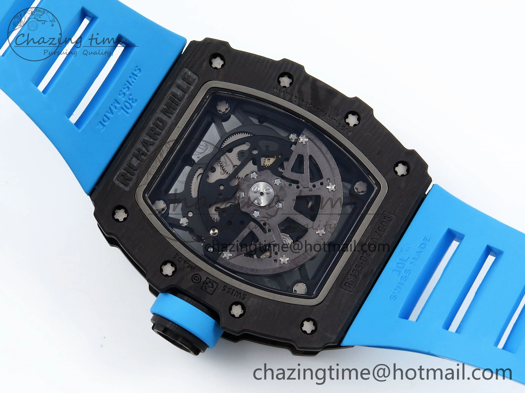 RM035 Black Carbon SONIC Best Edition Skeleton Dial on Blue Rubber Strap Clone RMUL2