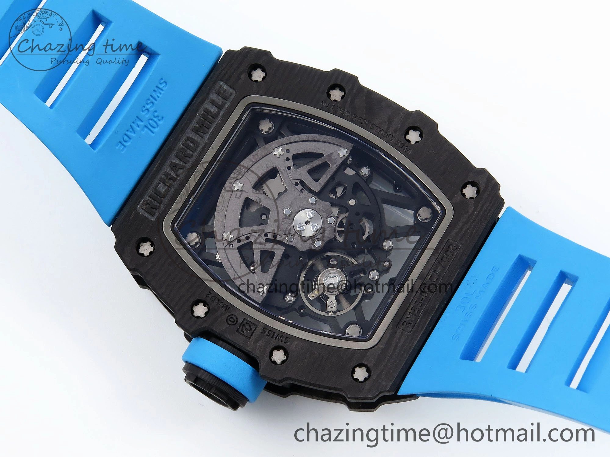 RM035 Black Carbon SONIC Best Edition Skeleton Dial on Blue Rubber Strap Clone RMUL2