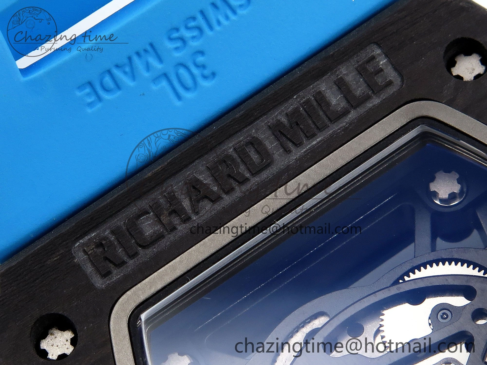 RM035 Black Carbon SONIC Best Edition Skeleton Dial on Blue Rubber Strap Clone RMUL2