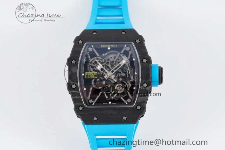 RM035 Black Carbon SONIC Best Edition Skeleton Dial on Blue Rubber Strap Clone RMUL2