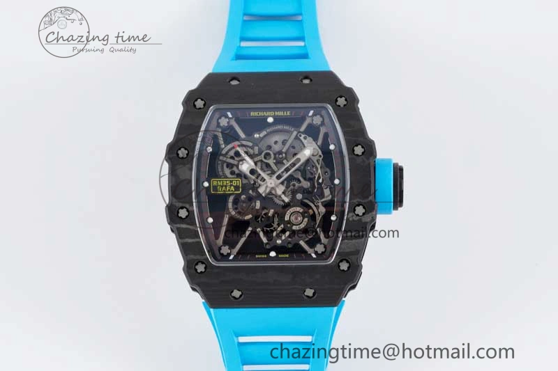 RM035 Black Carbon SONIC Best Edition Skeleton Dial on Blue Rubber Strap Clone RMUL2