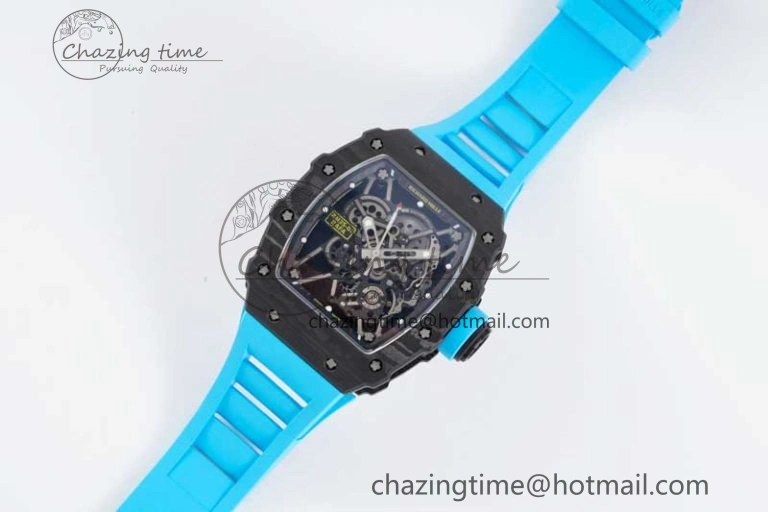 RM035 Black Carbon SONIC Best Edition Skeleton Dial on Blue Rubber Strap Clone RMUL2