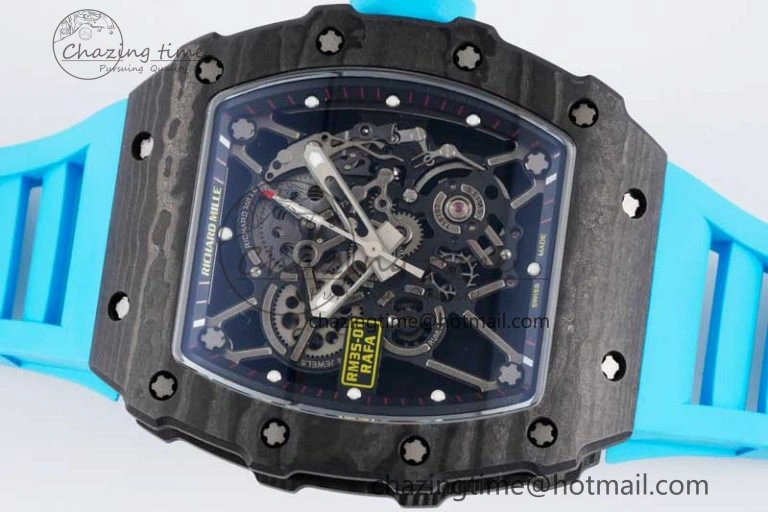 RM035 Black Carbon SONIC Best Edition Skeleton Dial on Blue Rubber Strap Clone RMUL2