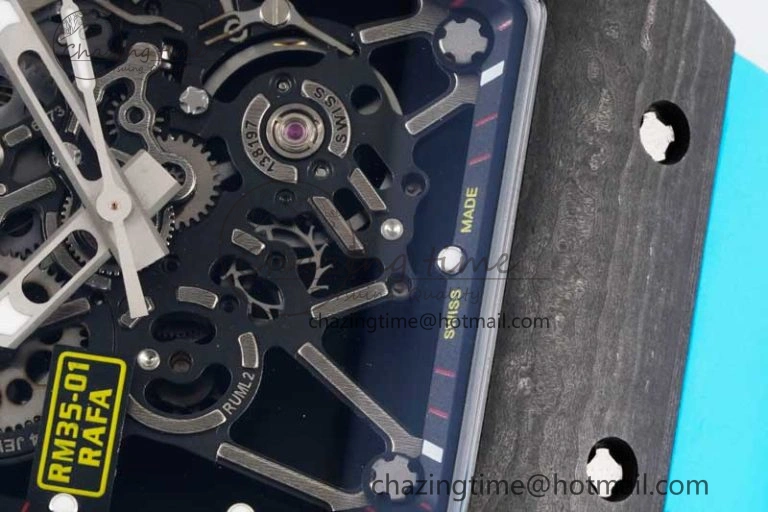 RM035 Black Carbon SONIC Best Edition Skeleton Dial on Blue Rubber Strap Clone RMUL2