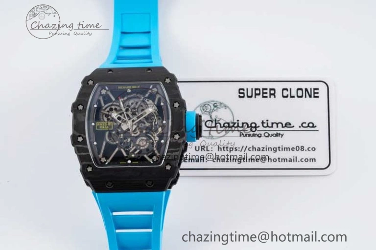 RM035 Black Carbon SONIC Best Edition Skeleton Dial on Blue Rubber Strap Clone RMUL2
