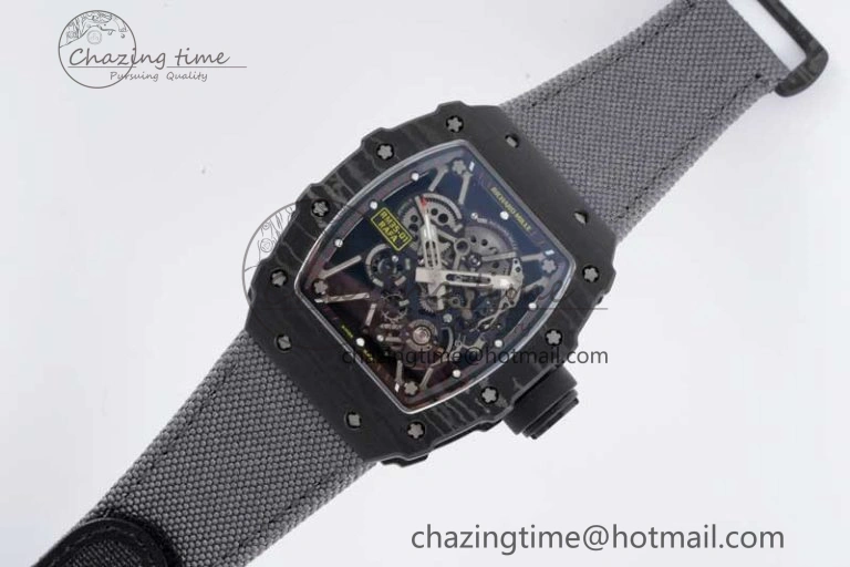 RM035 Black Carbon SONIC Best Edition Skeleton Dial on Gray Nylon Strap Clone RMUL2