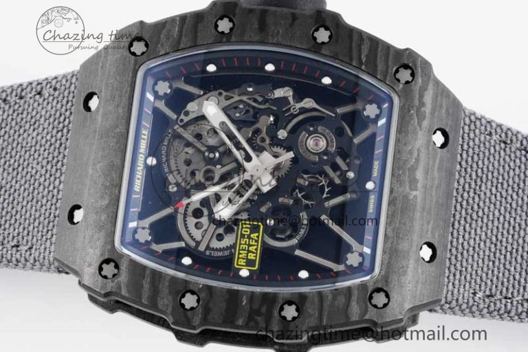 RM035 Black Carbon SONIC Best Edition Skeleton Dial on Gray Nylon Strap Clone RMUL2