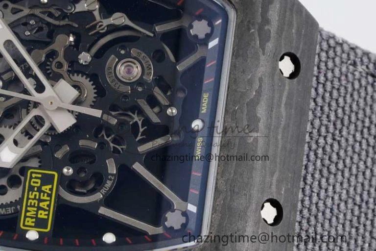 RM035 Black Carbon SONIC Best Edition Skeleton Dial on Gray Nylon Strap Clone RMUL2
