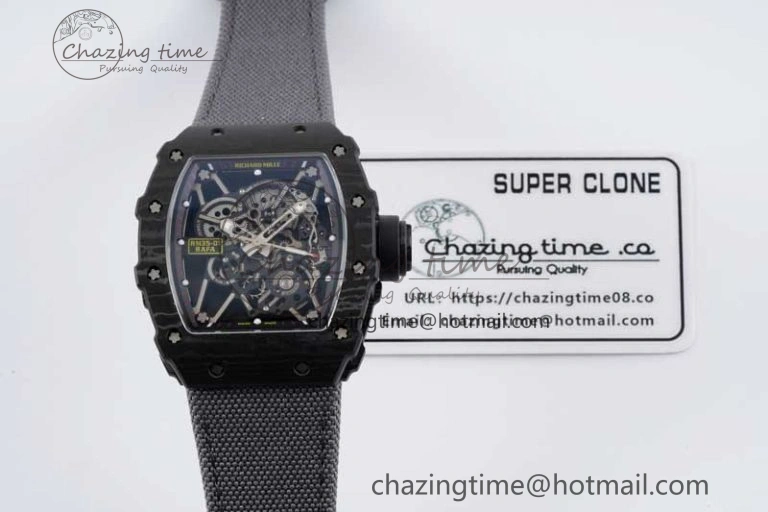 RM035 Black Carbon SONIC Best Edition Skeleton Dial on Gray Nylon Strap Clone RMUL2
