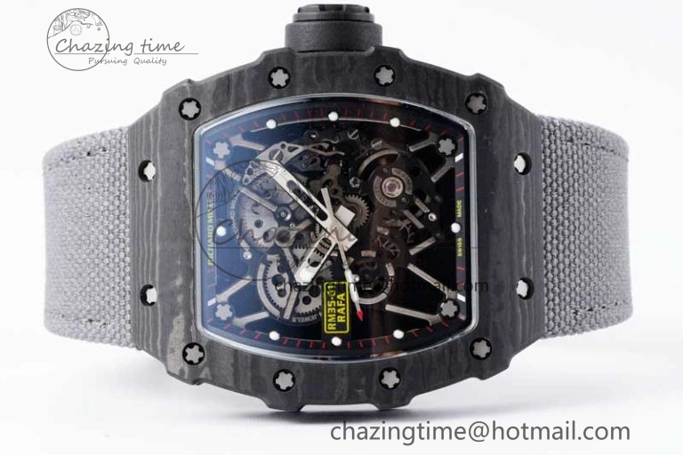 RM035 Black Carbon SONIC Best Edition Skeleton Dial on Gray Nylon Strap Clone RMUL2