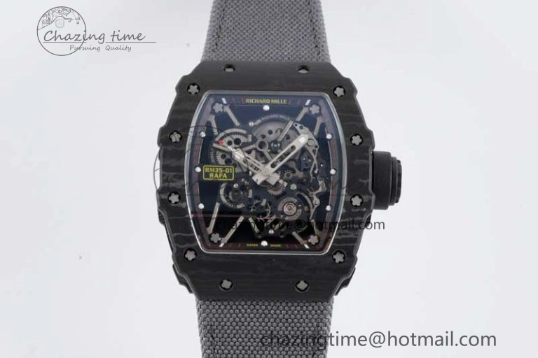 RM035 Black Carbon SONIC Best Edition Skeleton Dial on Gray Nylon Strap Clone RMUL2