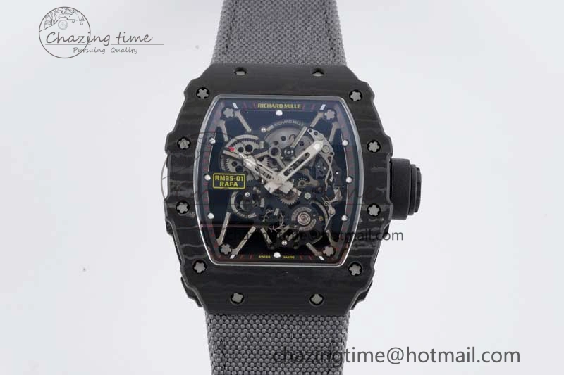 RM035 Black Carbon SONIC Best Edition Skeleton Dial on Gray Nylon Strap Clone RMUL2