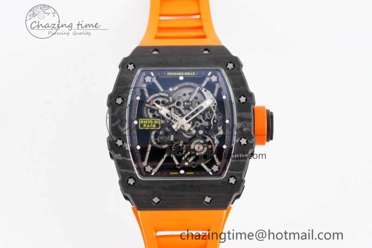 RM035 Black Carbon SONIC Best Edition Skeleton Dial on Orange Rubber Strap Clone RMUL2