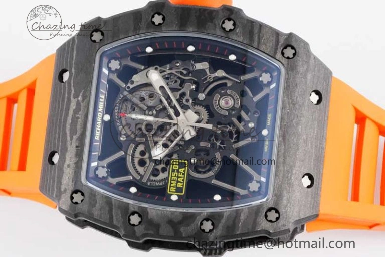 RM035 Black Carbon SONIC Best Edition Skeleton Dial on Orange Rubber Strap Clone RMUL2