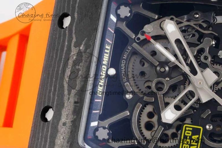 RM035 Black Carbon SONIC Best Edition Skeleton Dial on Orange Rubber Strap Clone RMUL2