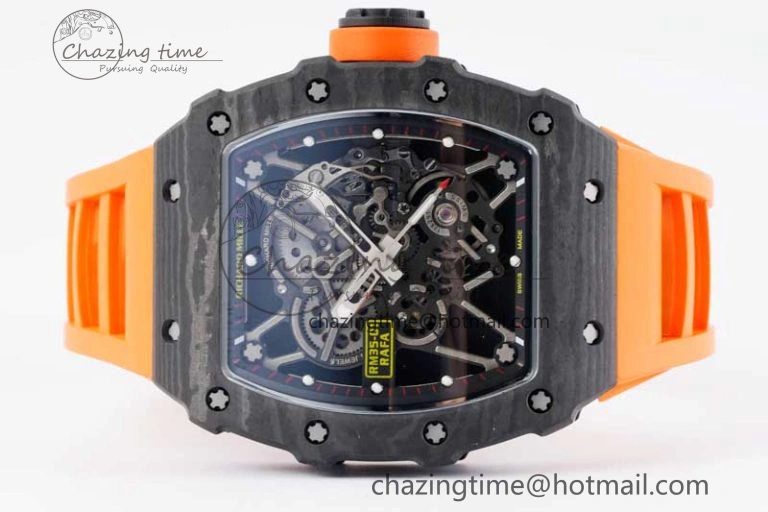 RM035 Black Carbon SONIC Best Edition Skeleton Dial on Orange Rubber Strap Clone RMUL2