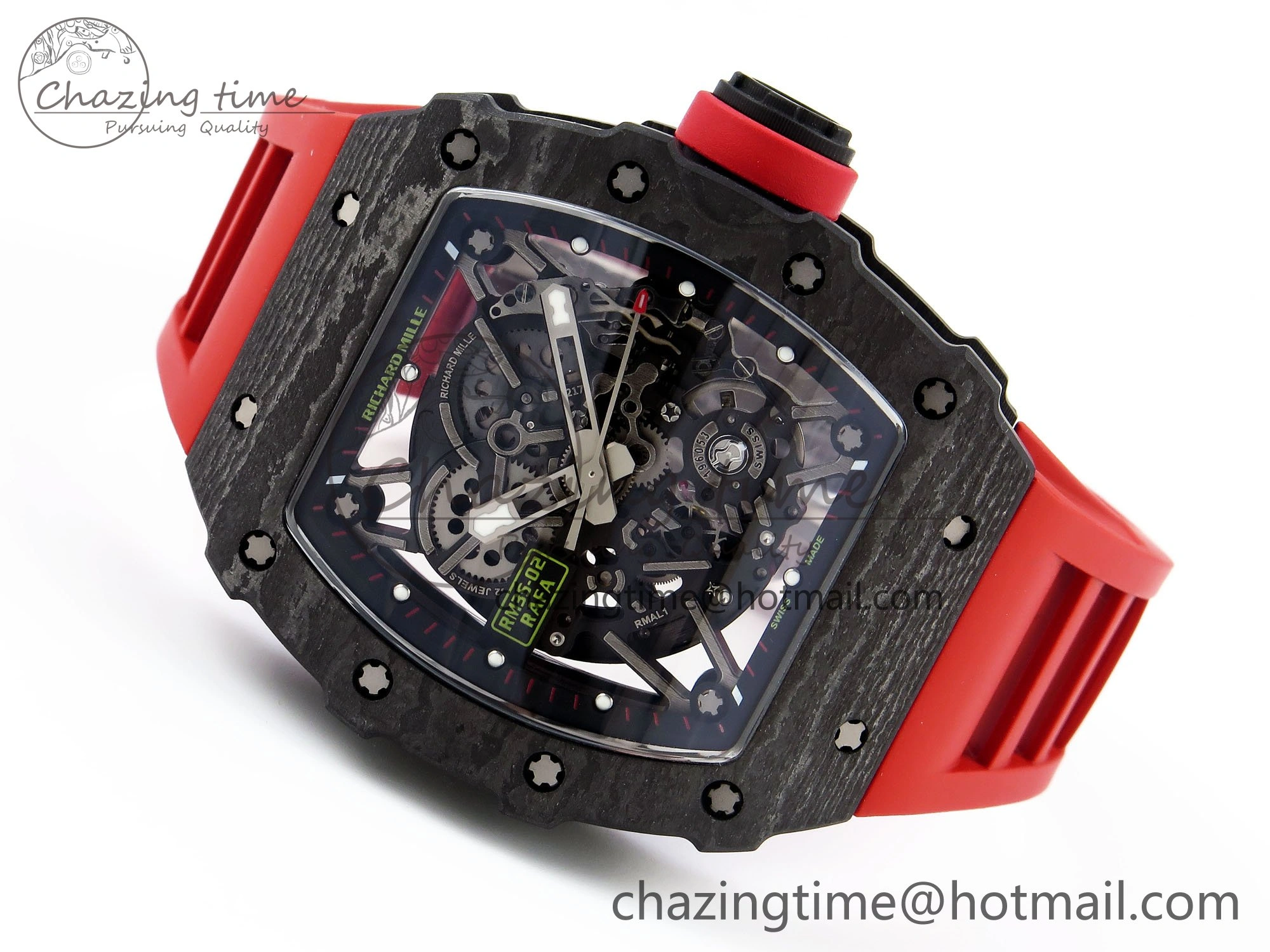 RM035 Black Carbon SONIC Best Edition Skeleton Dial on Red Rubber Strap Clone RMUL2