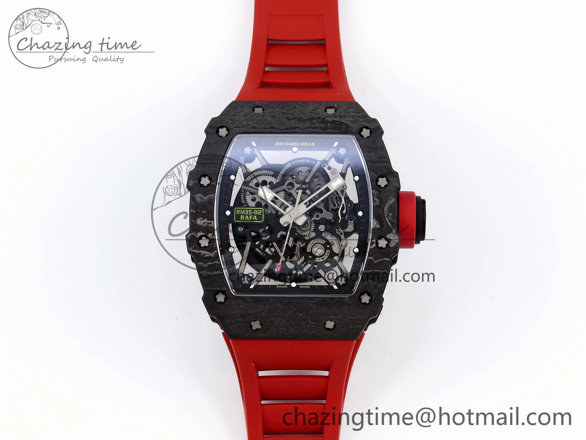 RM035 Black Carbon SONIC Best Edition Skeleton Dial on Red Rubber Strap Clone RMUL2