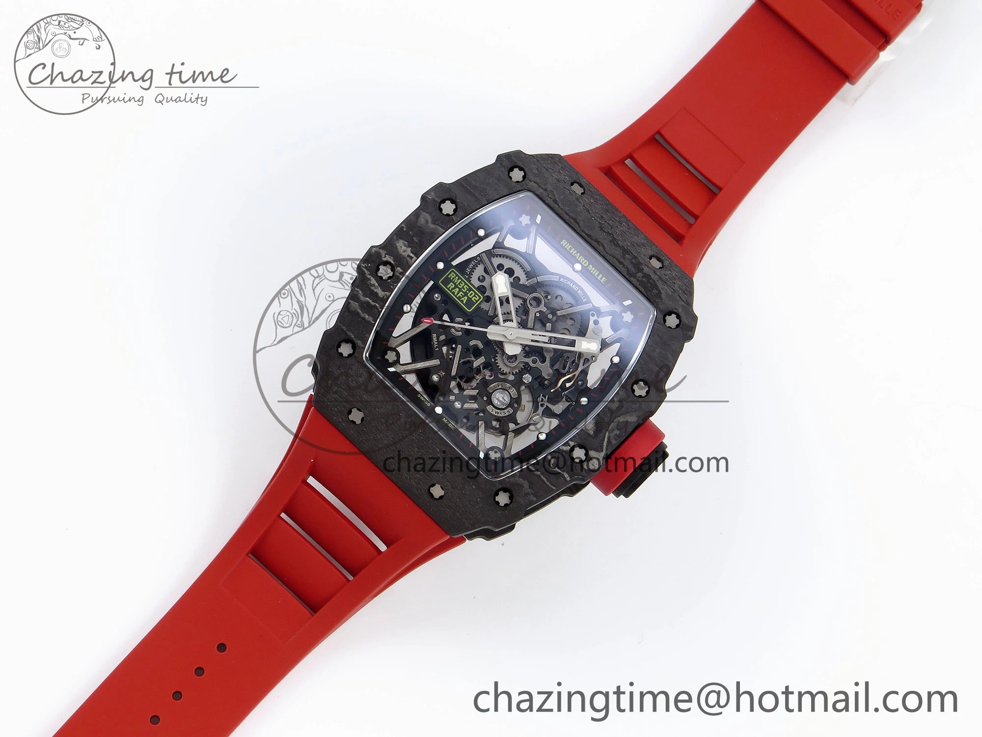 RM035 Black Carbon SONIC Best Edition Skeleton Dial on Red Rubber Strap Clone RMUL2