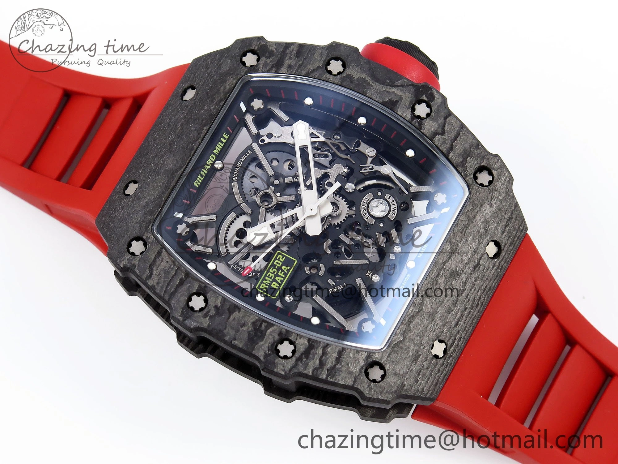 RM035 Black Carbon SONIC Best Edition Skeleton Dial on Red Rubber Strap Clone RMUL2