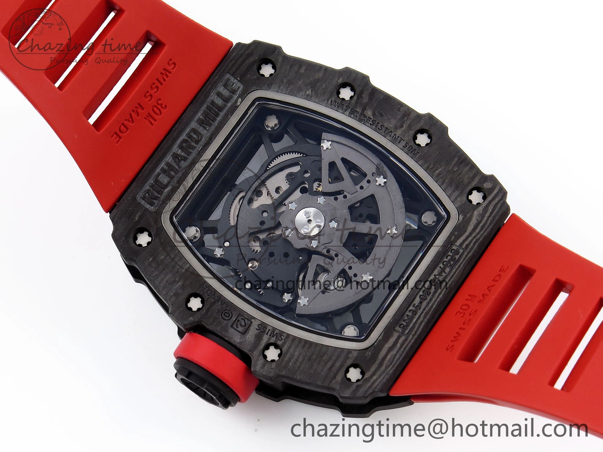 RM035 Black Carbon SONIC Best Edition Skeleton Dial on Red Rubber Strap Clone RMUL2