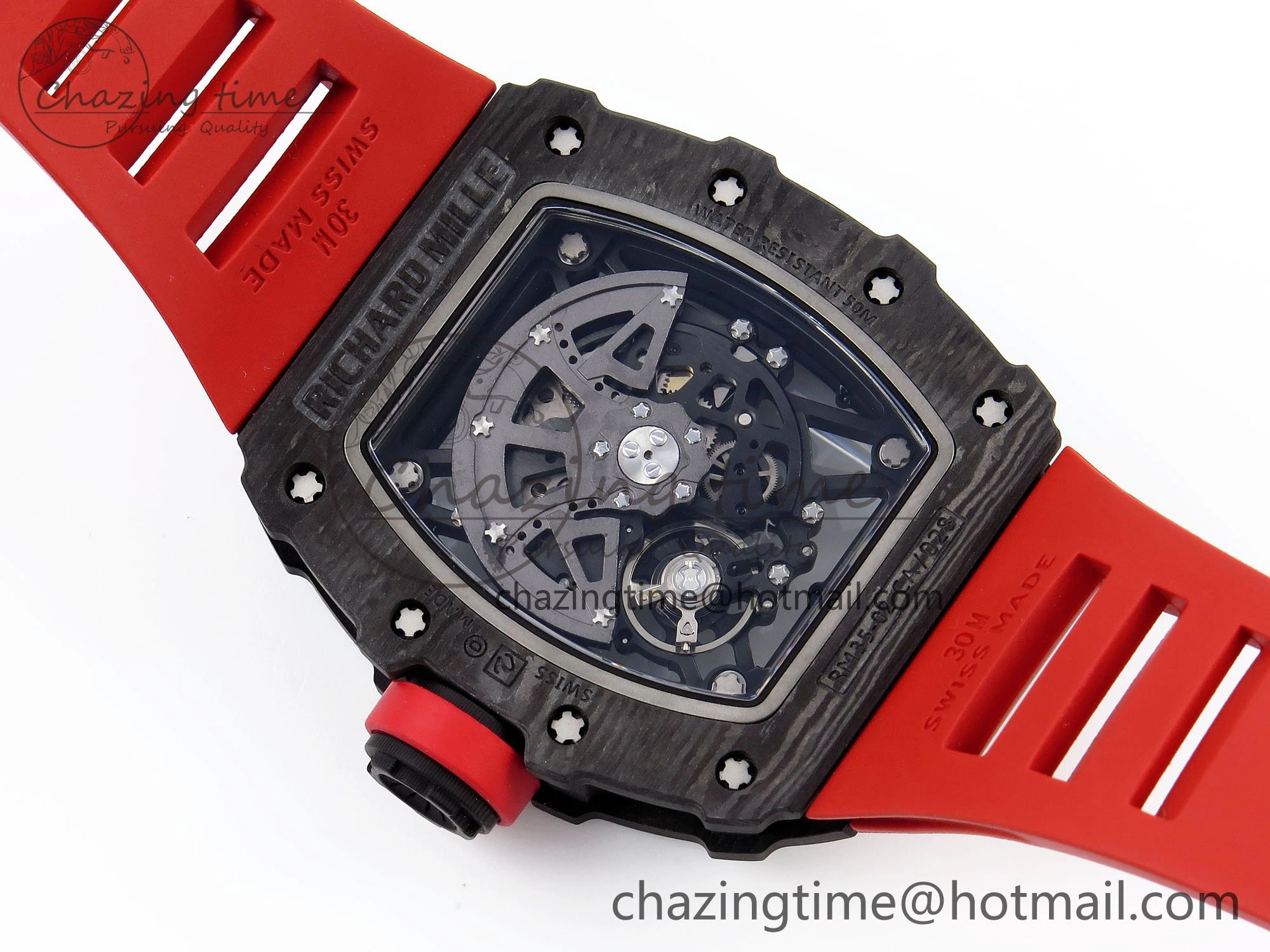 RM035 Black Carbon SONIC Best Edition Skeleton Dial on Red Rubber Strap Clone RMUL2