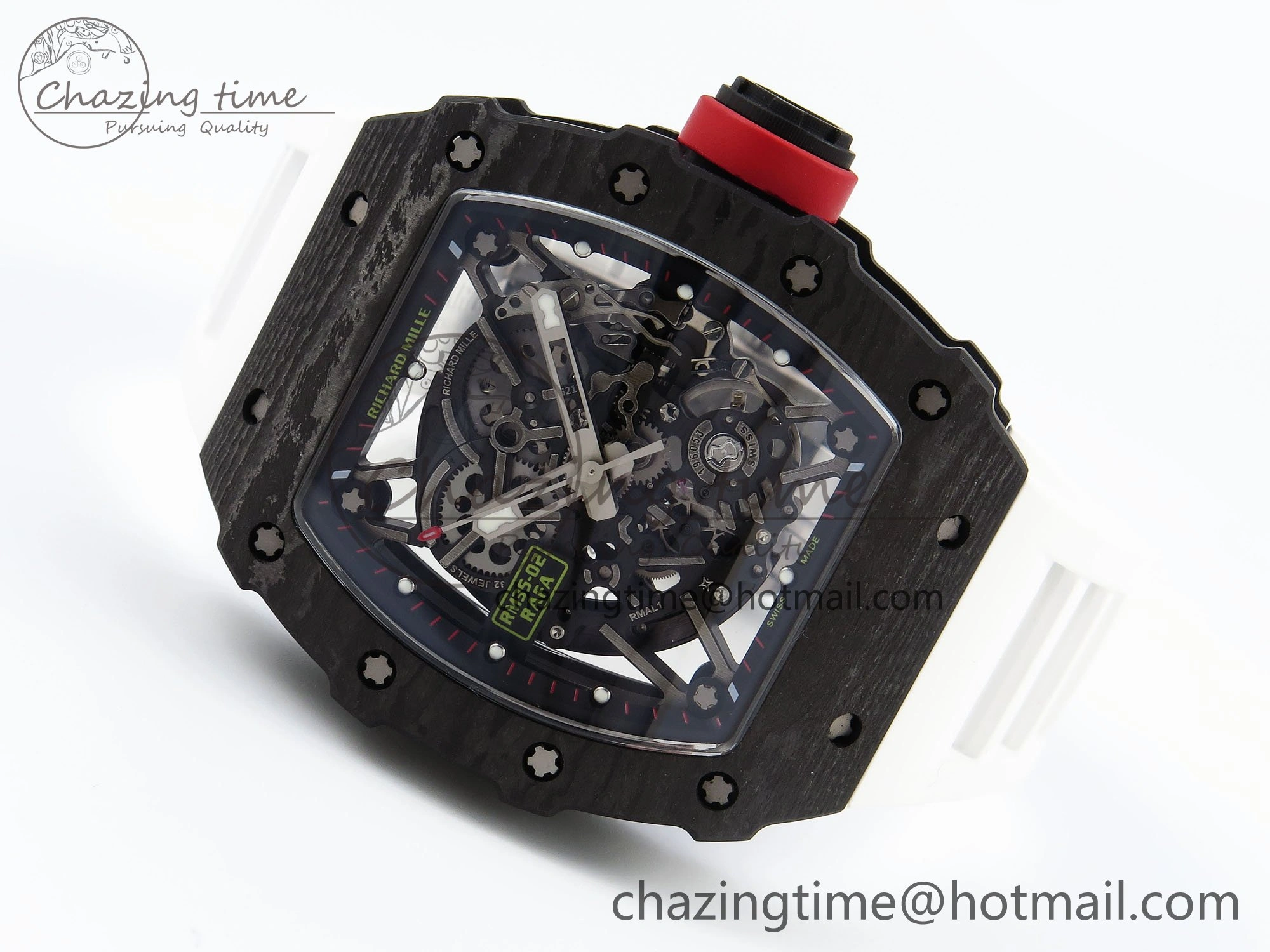 RM035 Black Carbon SONIC Best Edition Skeleton Dial on White Rubber Strap Clone RMUL2
