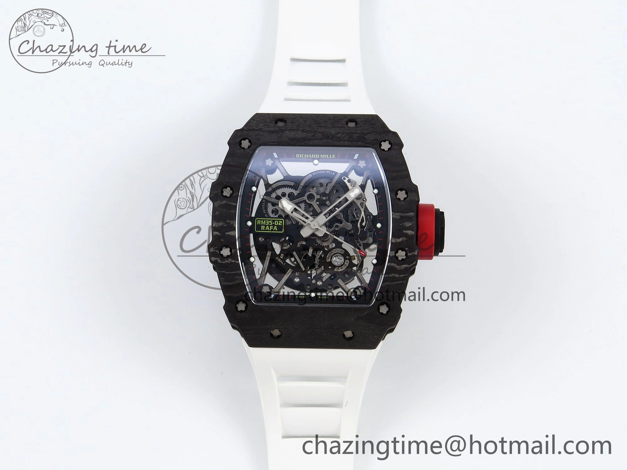 RM035 Black Carbon SONIC Best Edition Skeleton Dial on White Rubber Strap Clone RMUL2