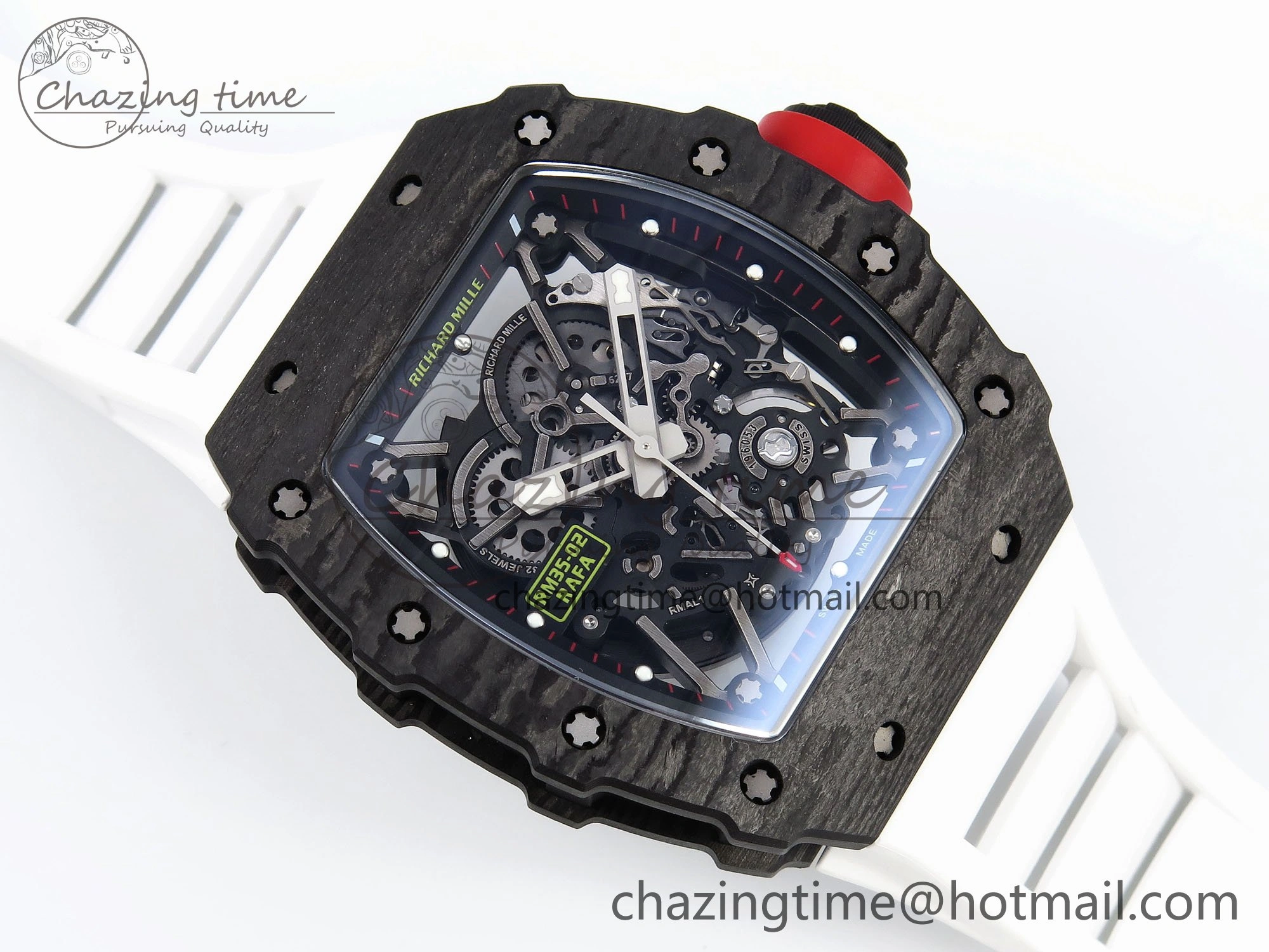 RM035 Black Carbon SONIC Best Edition Skeleton Dial on White Rubber Strap Clone RMUL2