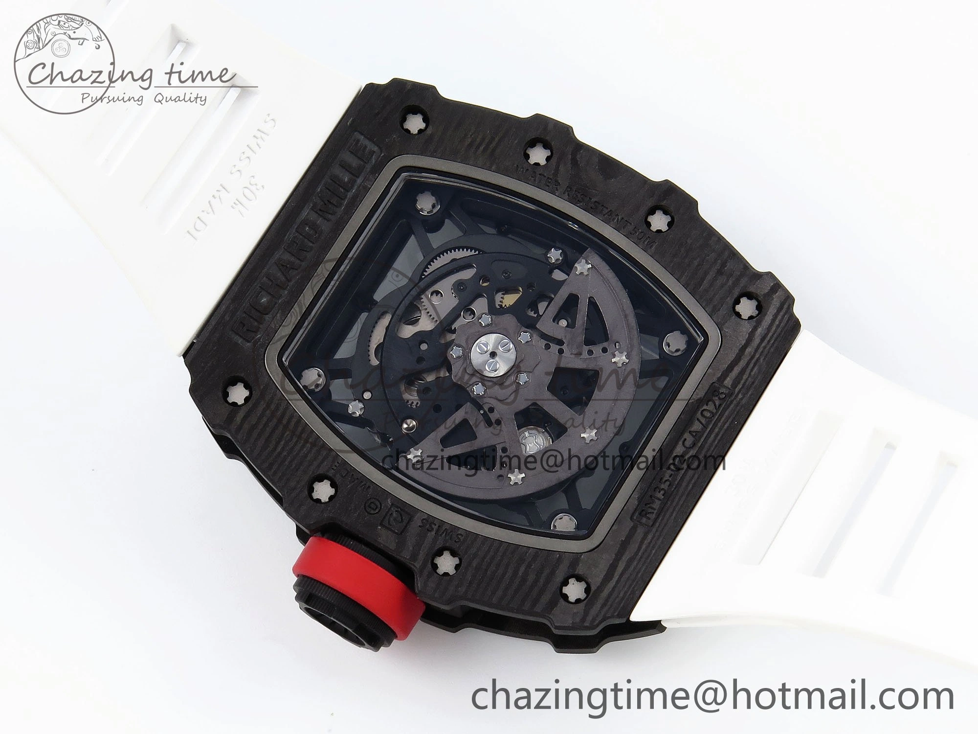 RM035 Black Carbon SONIC Best Edition Skeleton Dial on White Rubber Strap Clone RMUL2