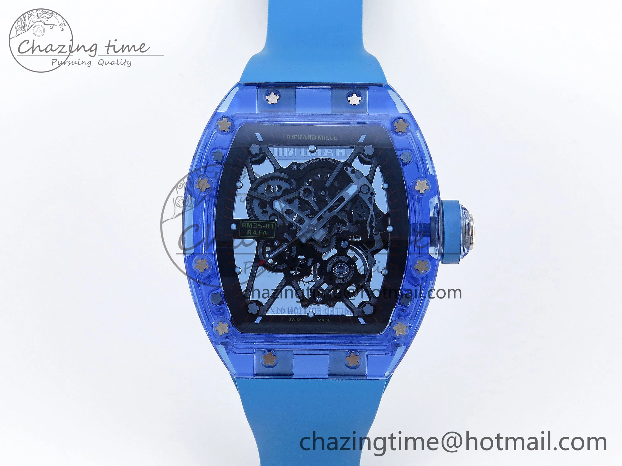 RM035 Blue Transparent RMF Best Edition Skeleton Dial on Blue Rubber Strap Clone RMUL2