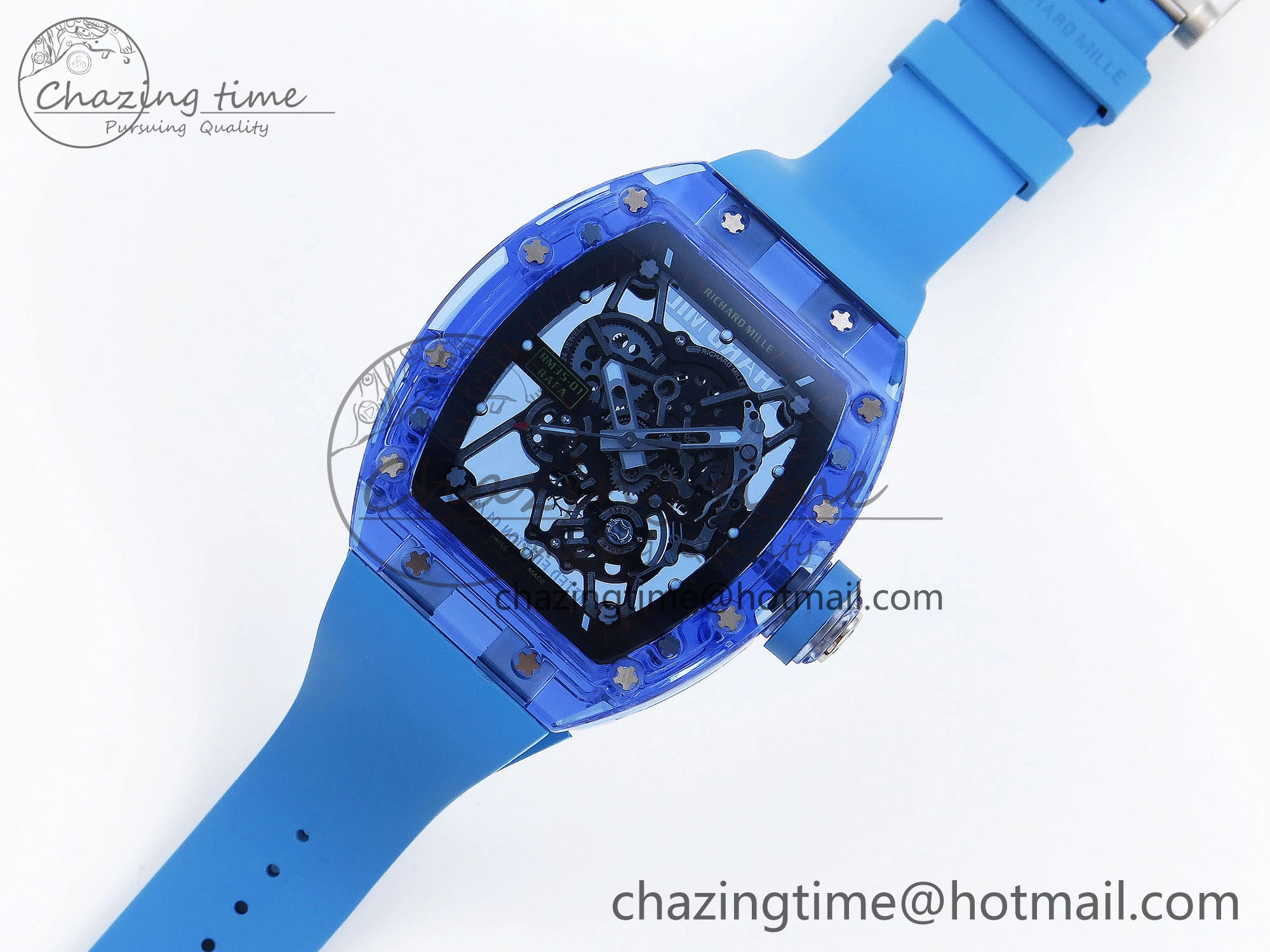 RM035 Blue Transparent RMF Best Edition Skeleton Dial on Blue Rubber Strap Clone RMUL2