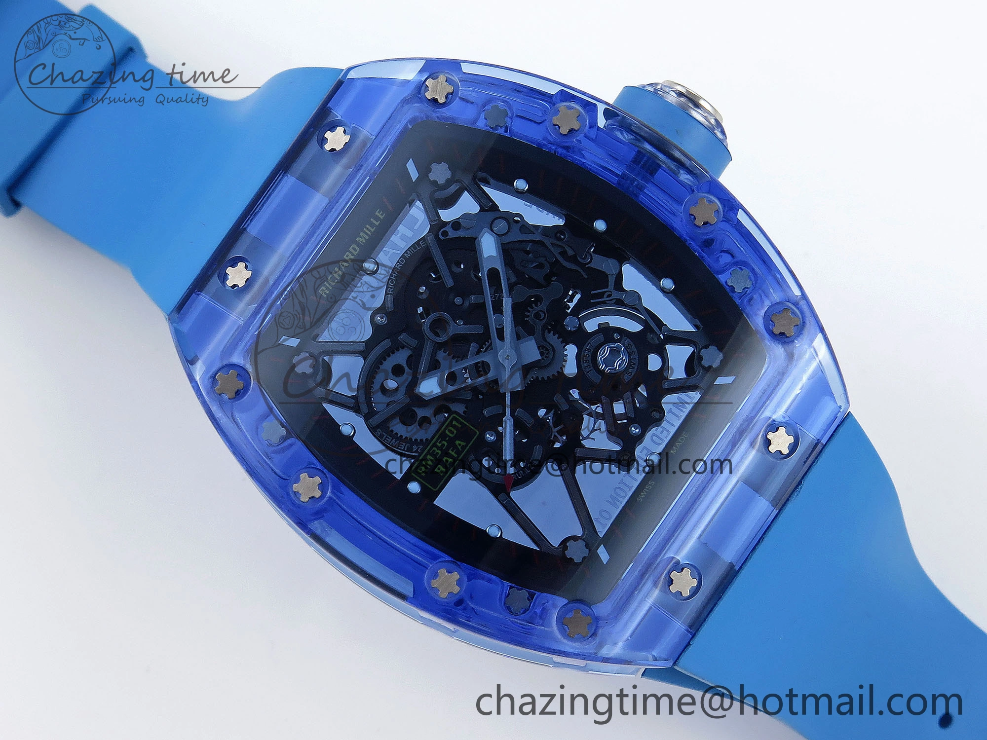 RM035 Blue Transparent RMF Best Edition Skeleton Dial on Blue Rubber Strap Clone RMUL2