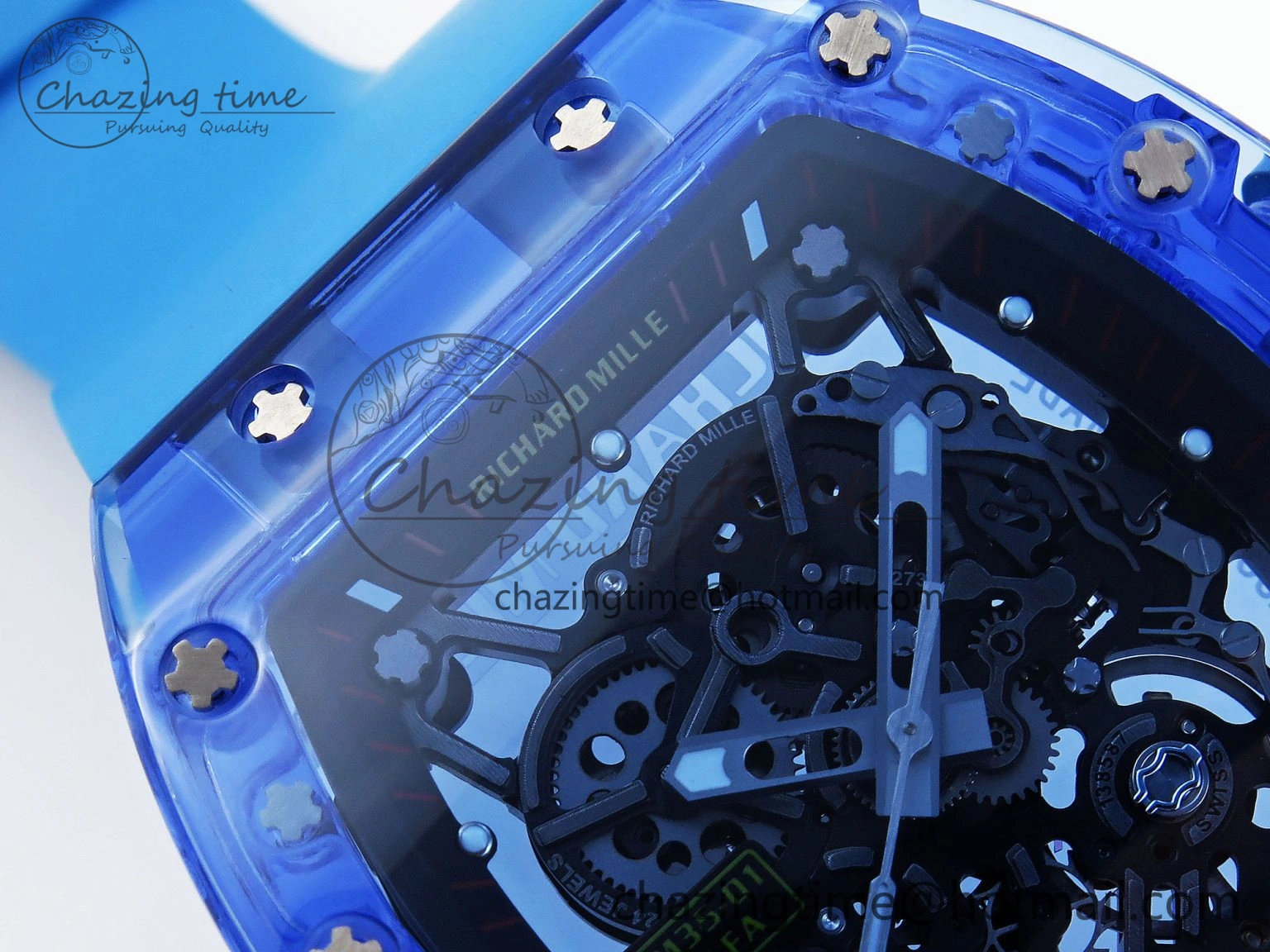 RM035 Blue Transparent RMF Best Edition Skeleton Dial on Blue Rubber Strap Clone RMUL2