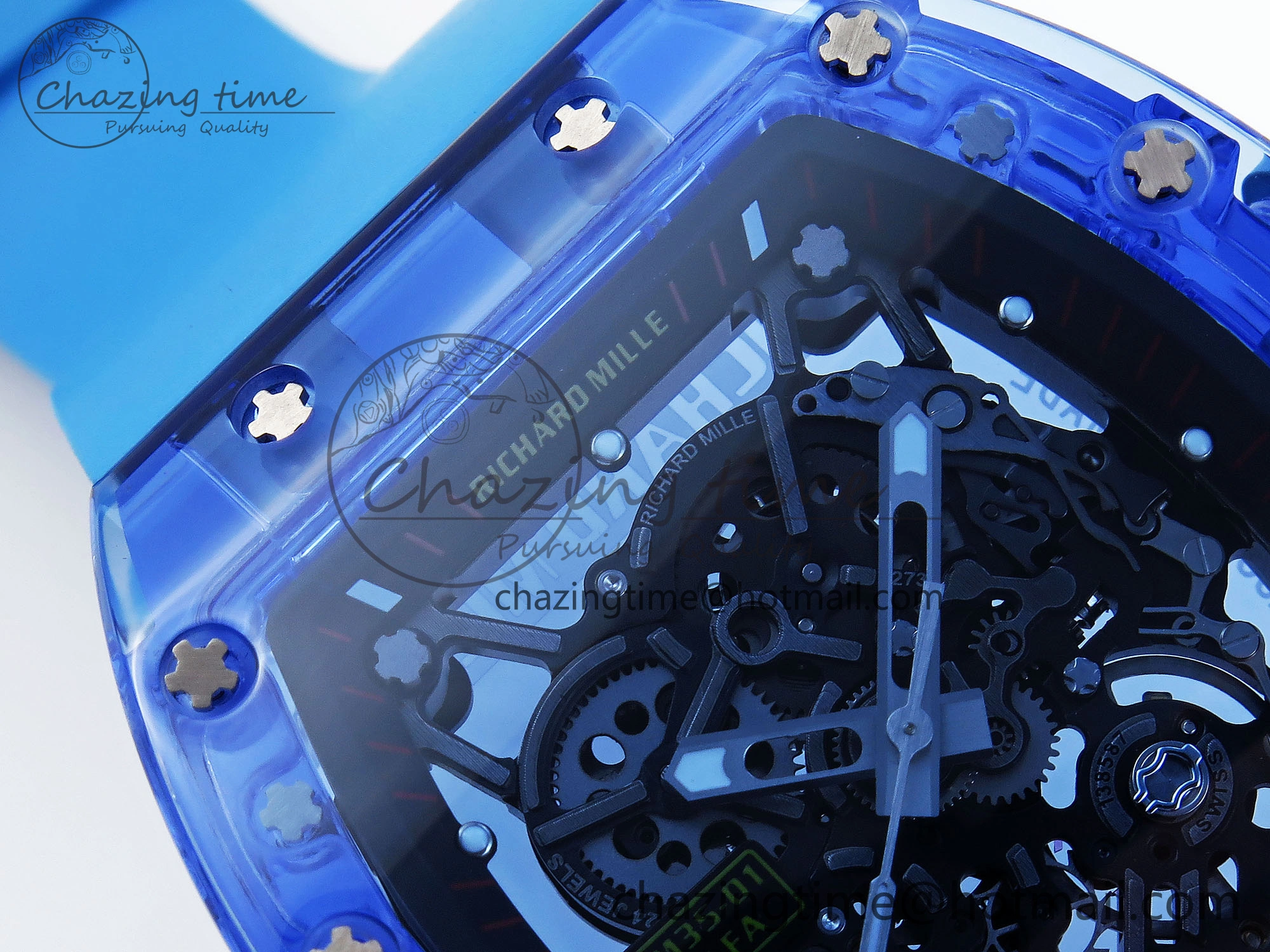 RM035 Blue Transparent RMF Best Edition Skeleton Dial on Blue Rubber Strap Clone RMUL2