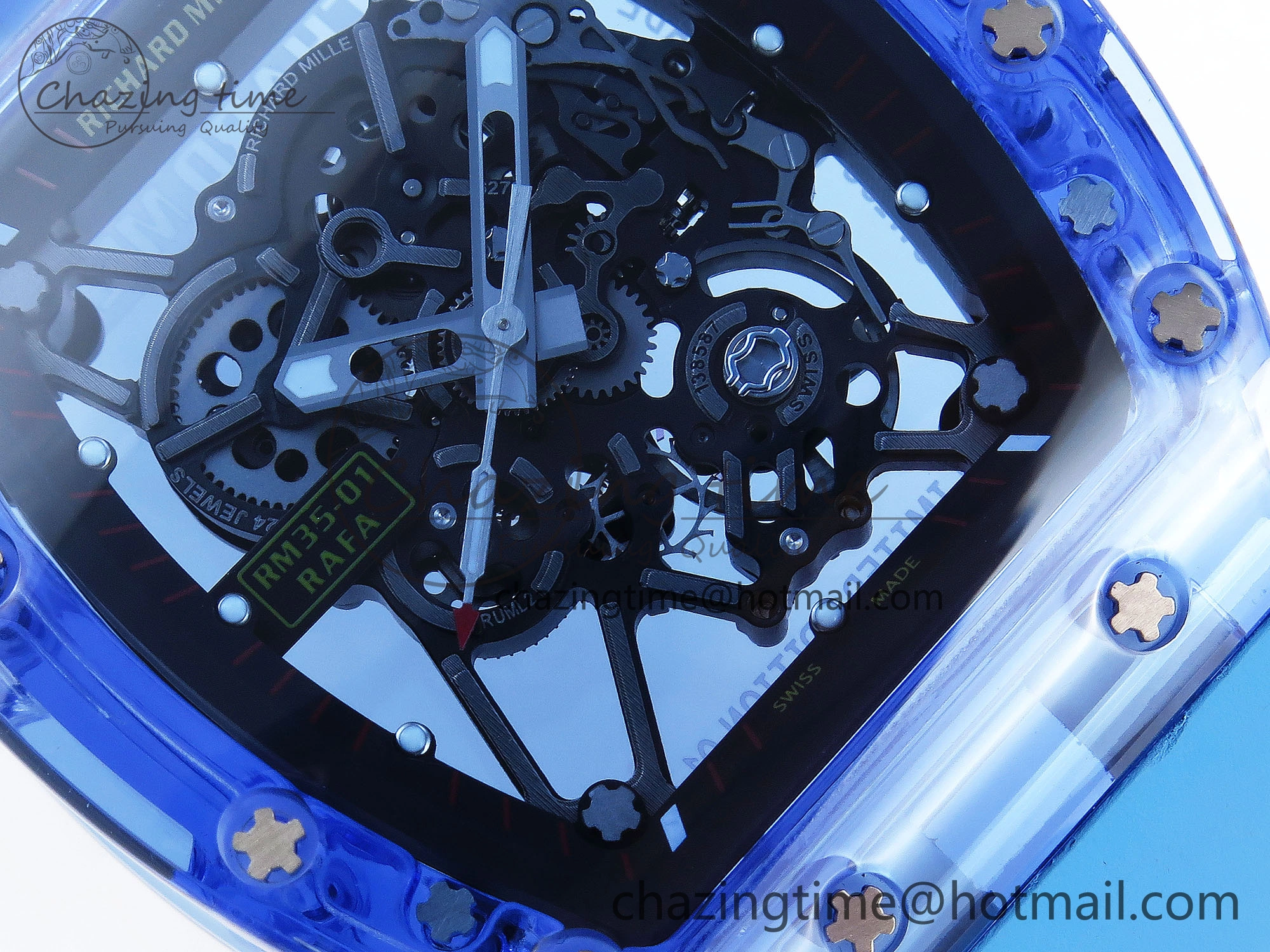 RM035 Blue Transparent RMF Best Edition Skeleton Dial on Blue Rubber Strap Clone RMUL2