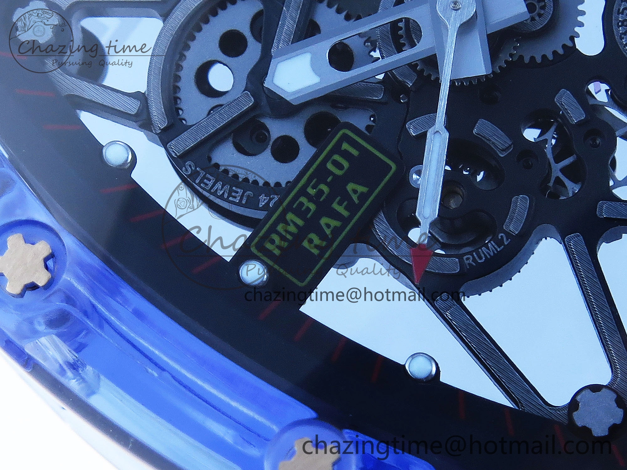 RM035 Blue Transparent RMF Best Edition Skeleton Dial on Blue Rubber Strap Clone RMUL2