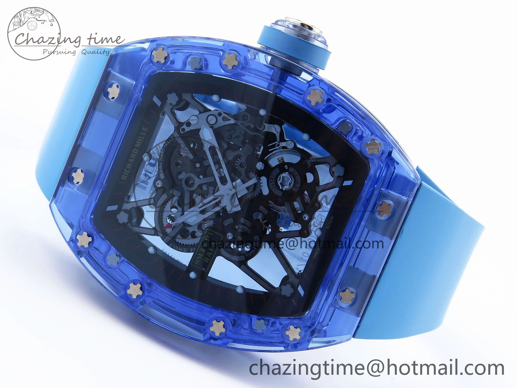 RM035 Blue Transparent RMF Best Edition Skeleton Dial on Blue Rubber Strap Clone RMUL2