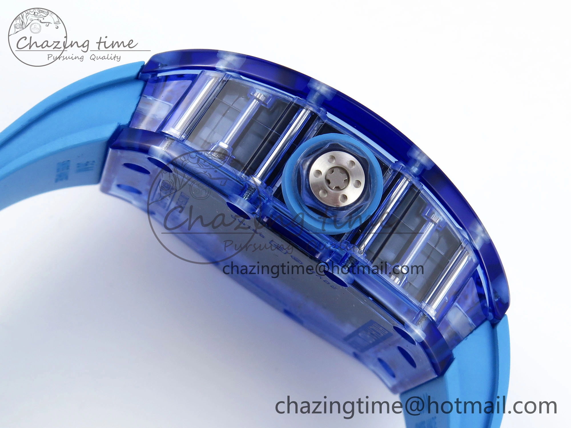 RM035 Blue Transparent RMF Best Edition Skeleton Dial on Blue Rubber Strap Clone RMUL2
