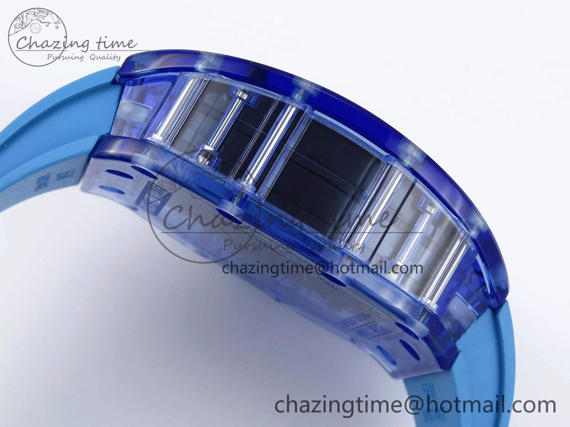 RM035 Blue Transparent RMF Best Edition Skeleton Dial on Blue Rubber Strap Clone RMUL2