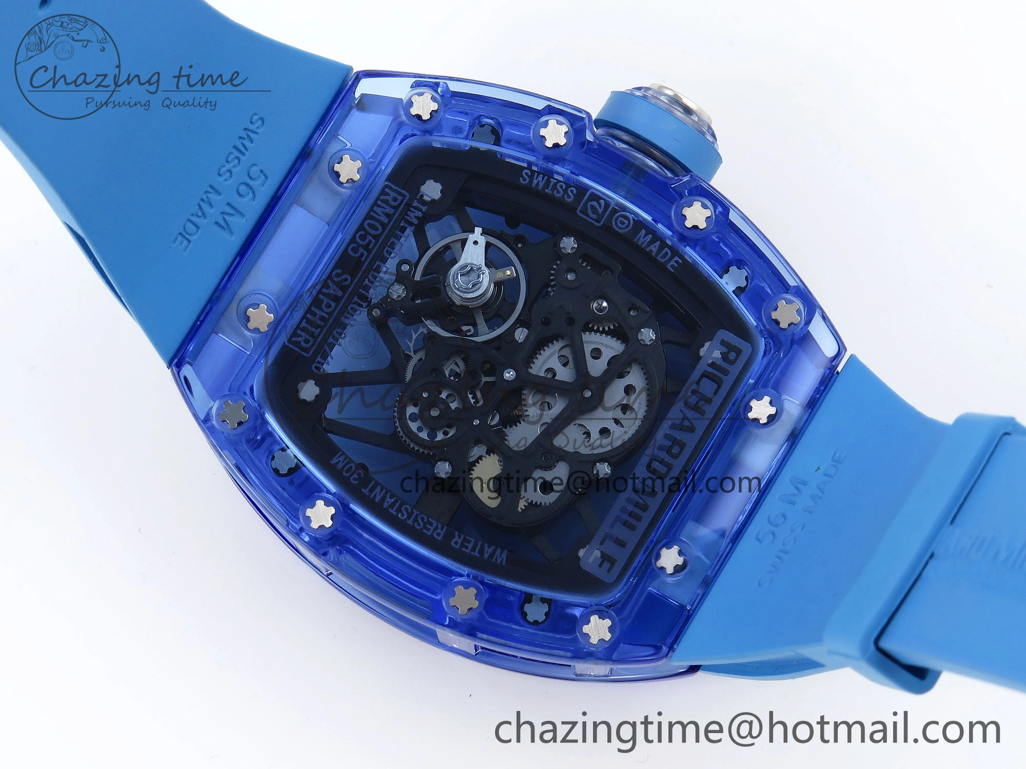 RM035 Blue Transparent RMF Best Edition Skeleton Dial on Blue Rubber Strap Clone RMUL2