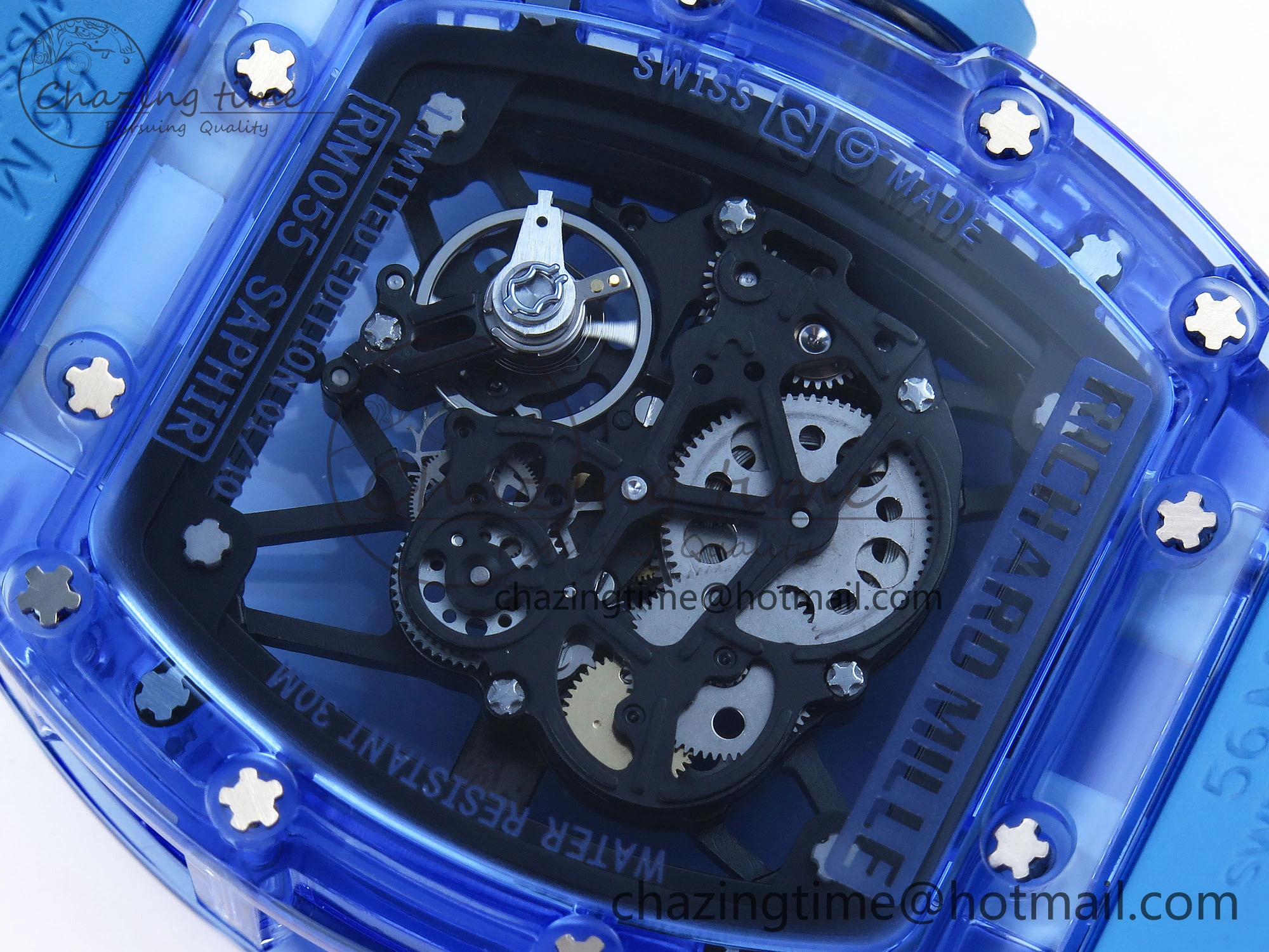 RM035 Blue Transparent RMF Best Edition Skeleton Dial on Blue Rubber Strap Clone RMUL2